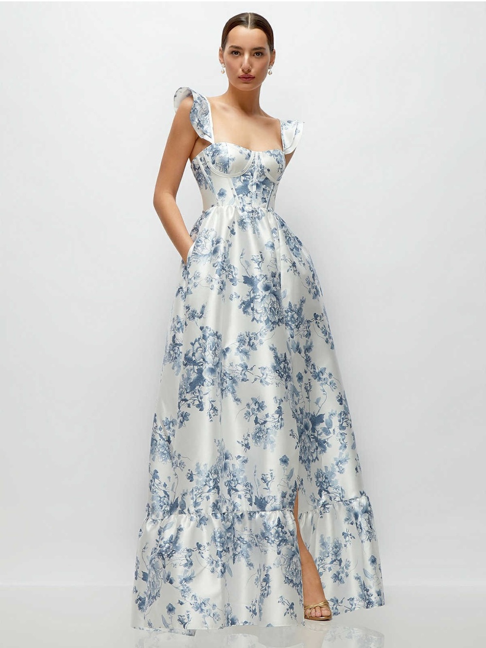 White Maxi Dress with Blue Floral Satin Print and Sweetheart Bodice